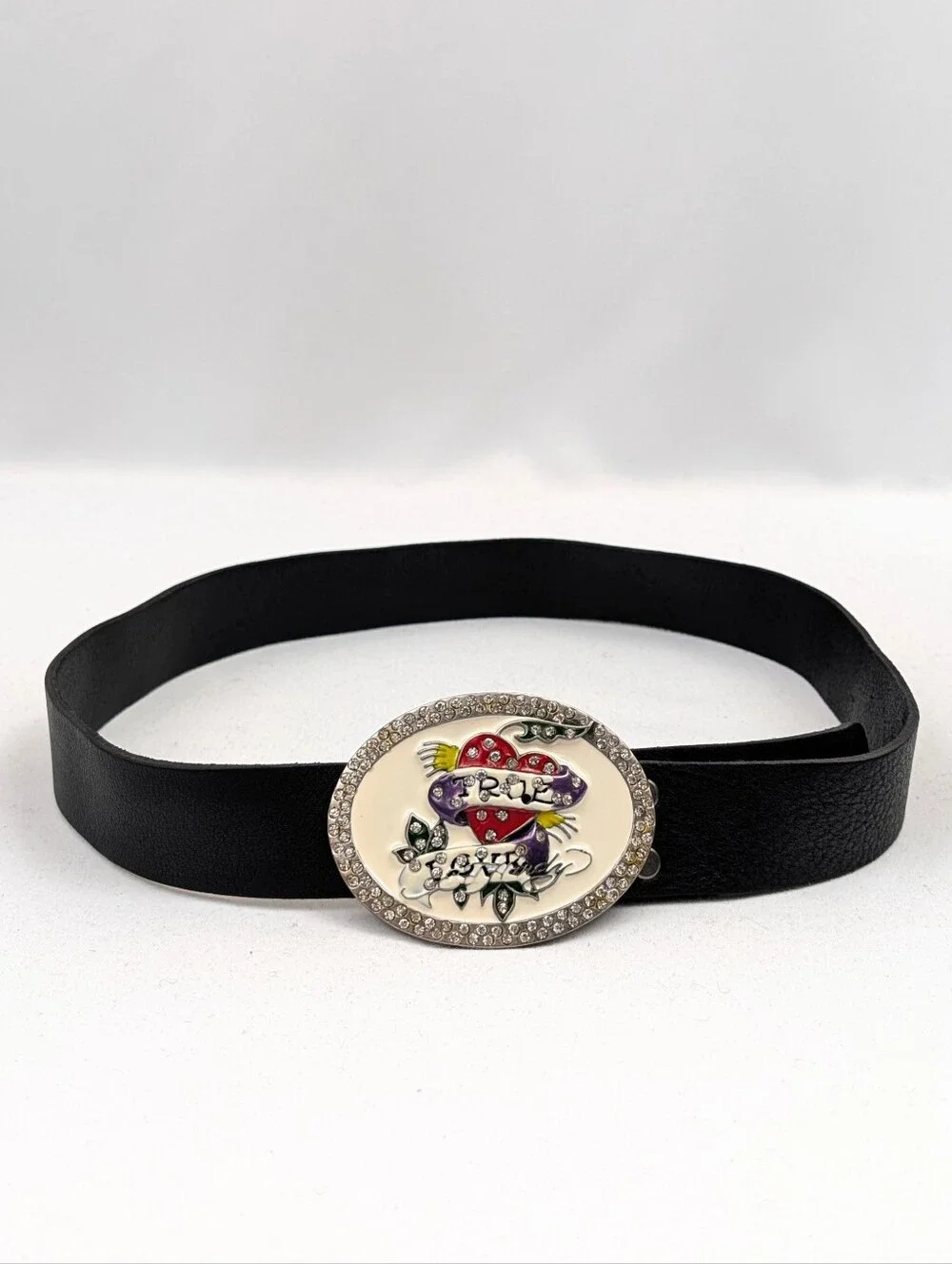Ed Hardy Leather Belt True Love Enamel & Rhinestone Buckle Y2K Retro Rockabilly